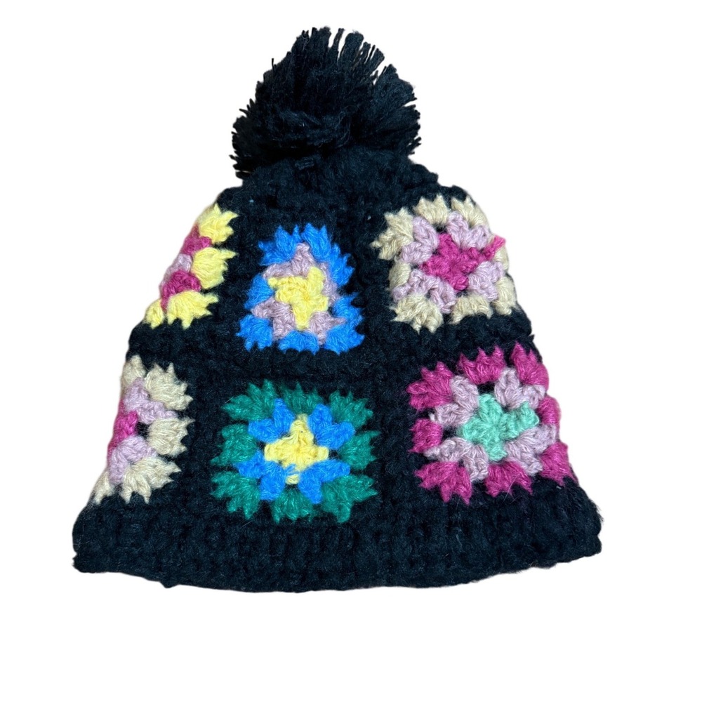 Wild Fable Black Crochet Granny Square Pom Pom Beanie Hat Women‎ One Size